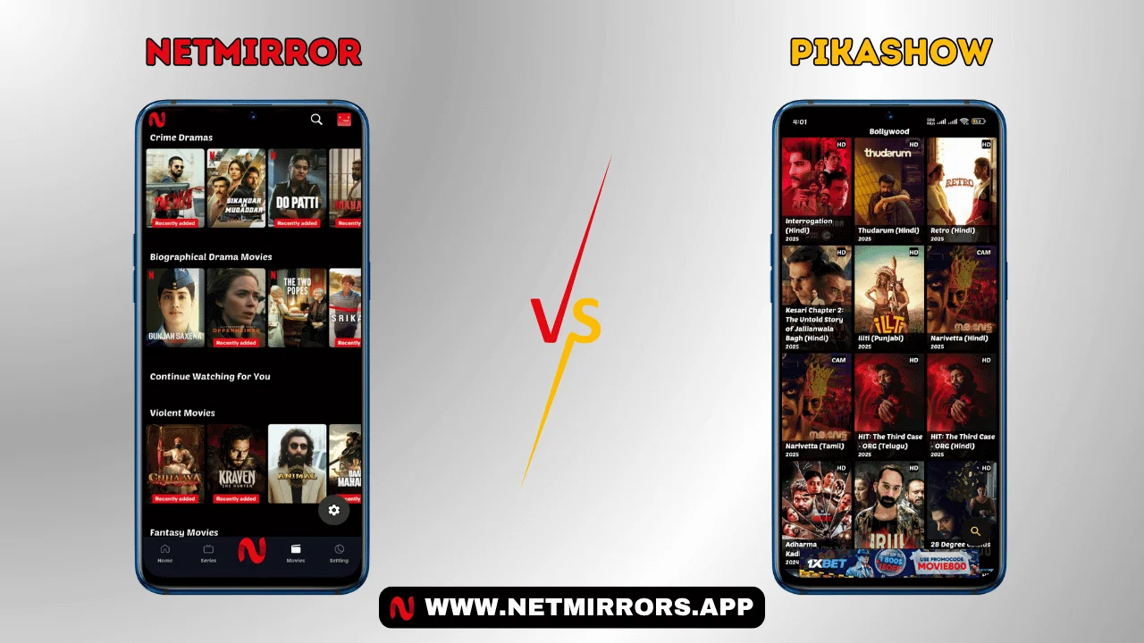 NetMirror vs. PikaShow: Content Variety